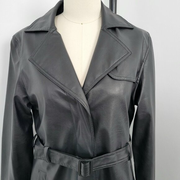 Vintage Y2K Urban Behavior Black Faux Leather Trench Coat Matrix Vibes - Picture 6 of 14